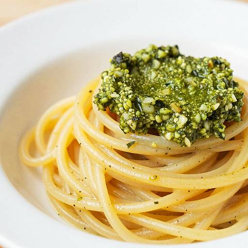 Photograph of pasta with creamy yellow noodles topped with a green, chopped herb and garlic sauce, served on a white plate.