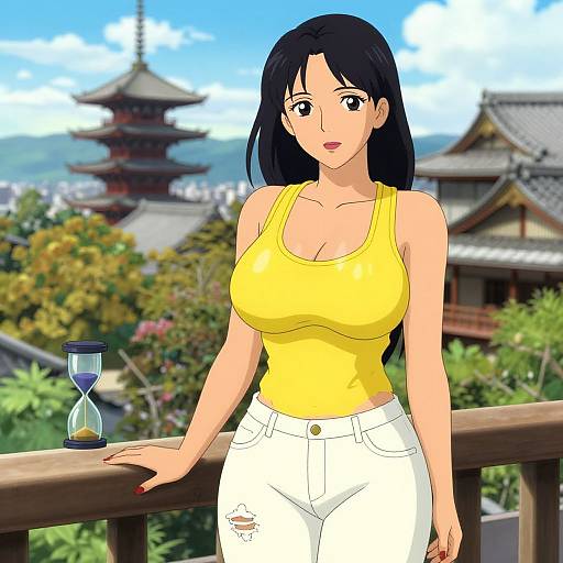 Anime-style digital drawing of a curvy woman with large breasts, black hair, yellow tank top, white ripped jeans, standing on a balcony with a