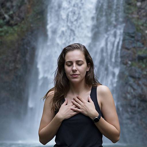 Woman Breathing Calmly by Waterfall