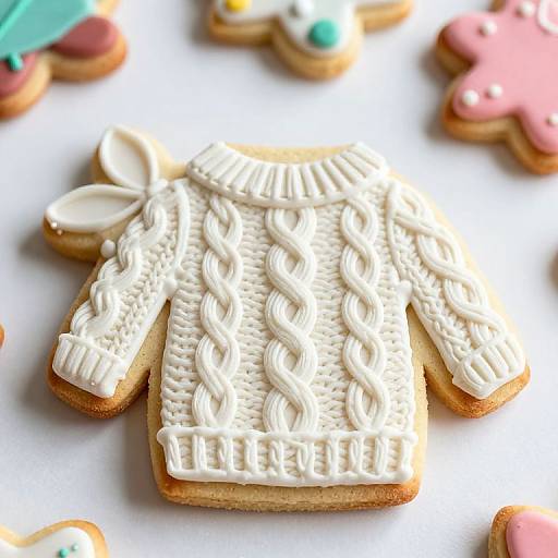 Photograph of a decorated sugar cookie shaped like a white, cable-knit sweater with intricate icing patterns, surrounded by colorful flower-shaped cookies.
