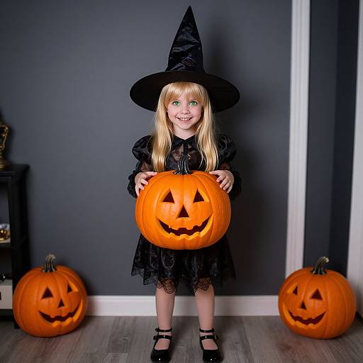 Photograph of a blonde girl in a black witch costume, holding a carved pumpkin with a smiling face, standing in front of a gray wall with two