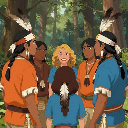 Native American Group in Forest Illustration