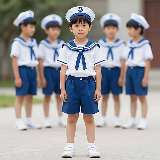 Photograph of a young Asian boy in a white sailor uniform with blue trim, standing front and center, surrounded by four blurred boys in similar uniforms.