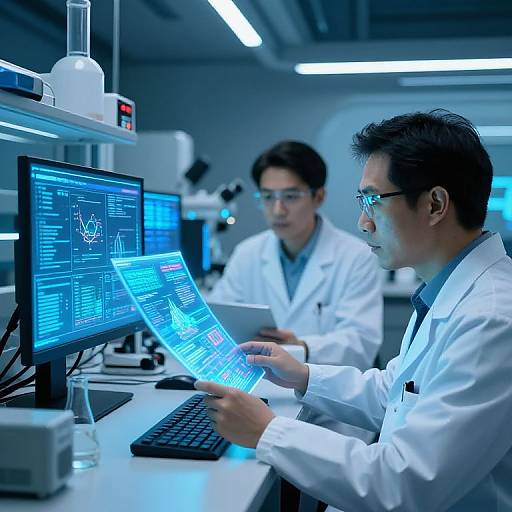Photograph of two Asian male scientists in white lab coats, focused on glowing blue computer screens in a modern, illuminated laboratory.