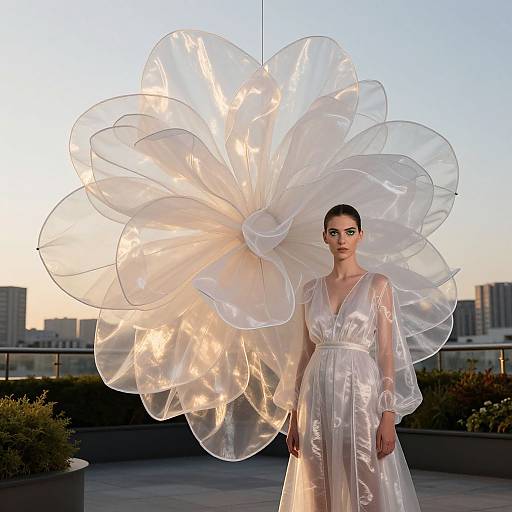 Photograph of a woman in a sheer, white, V-neck dress, standing on a rooftop at sunset, wearing a large, illuminated, translucent flower