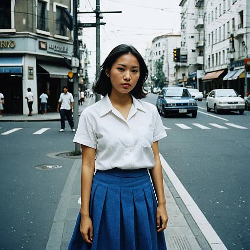 Photograph of an Asian woman with shoulder-length black hair, wearing a white short-sleeve shirt and blue pleated skirt, standing at a busy