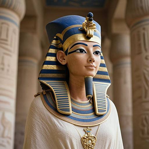 Photorealistic CGI of an ancient Egyptian woman wearing a blue and gold striped nemes headcloth, white linen garment, and gold necklace, standing in