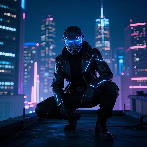 Cyberpunk night scene: Silhouetted figure in neon-lit helmet and black leather jacket, squatting on rooftop, glowing blue lines on