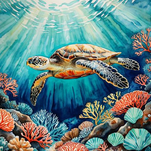Watercolor Sea Turtle Over Coral Reef