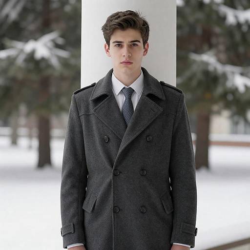 Young Man in Gray Coat Standing Outdoors in Snow