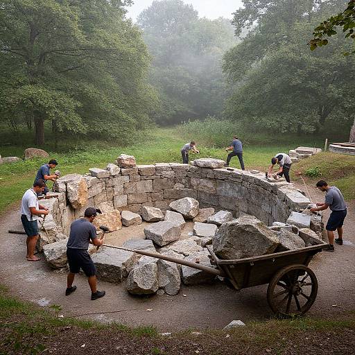 Photograph of six men restoring a stone well in a forest clearing, surrounded by large rocks, a wooden cart, and lush greenery.