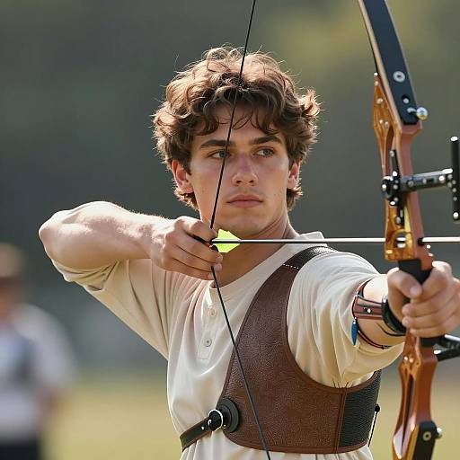 Young Male Archer Drawing Bow Outdoors