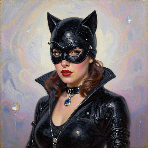 Digital painting of a fair-skinned woman with red lips, wearing a black cat mask, leather jacket, and choker with blue gem, against a