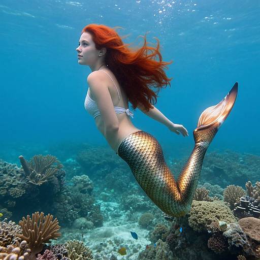 Photograph of a red-haired mermaid with a golden-scaled tail, white top, swimming underwater amidst vibrant coral reefs and marine life.