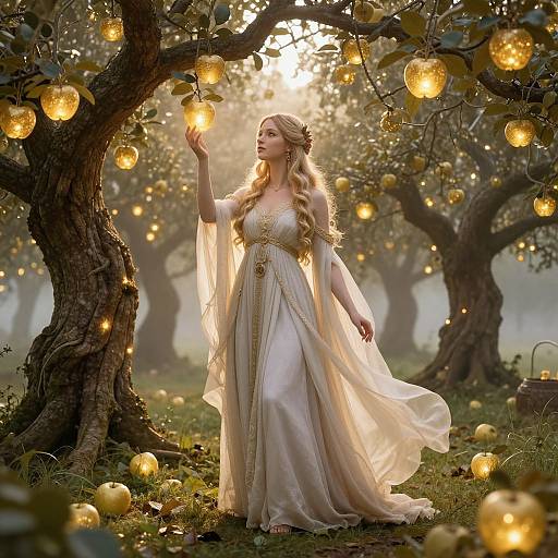 Fantasy photograph of a blonde woman in a flowing, gold-trimmed white gown, touching glowing apples in a magical orchard.