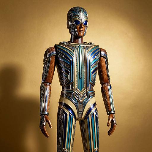 Photograph of a male humanoid robot with metallic blue and silver armor, featuring vertical lines and futuristic design, standing against a warm, golden background.