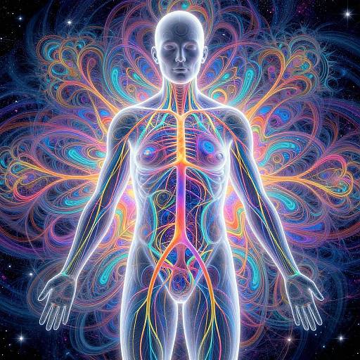 Digital art of a glowing, transparent human figure with vibrant, colorful nerve patterns radiating from the back against a starry night sky.