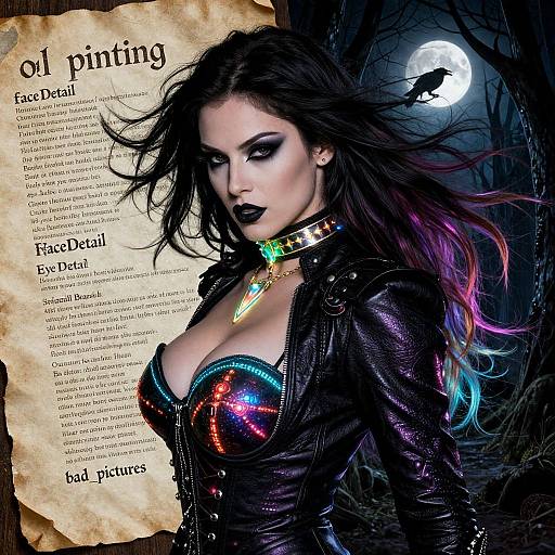 Digital artwork of a gothic woman with black hair, dark lipstick, and neon bra, wearing a black leather jacket, in a moonlit forest.