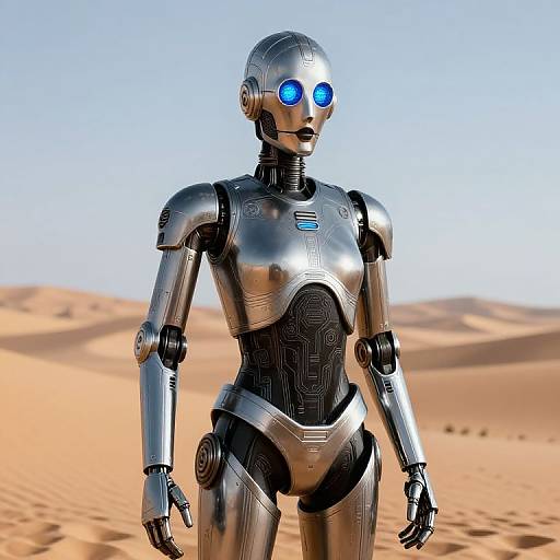 Photorealistic CGI of a silver female robot with blue glowing eyes standing in a desert, featuring sleek metallic joints and circuitry details.