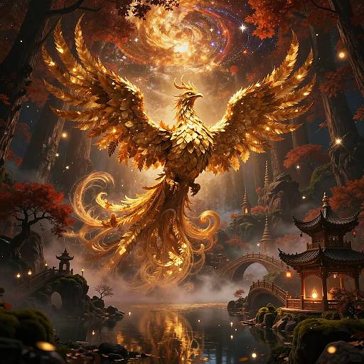 Ancient Phoenix Rebirth in Mystical Forest