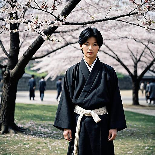 Man in Traditional Japanese Kimono with Cherry Blossoms
