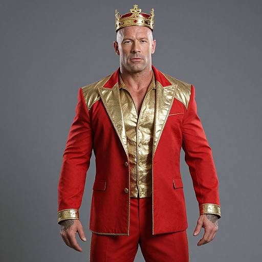 Photograph of a muscular, bald, middle-aged man wearing a red and gold royal suit with a crown, standing against a gray background.