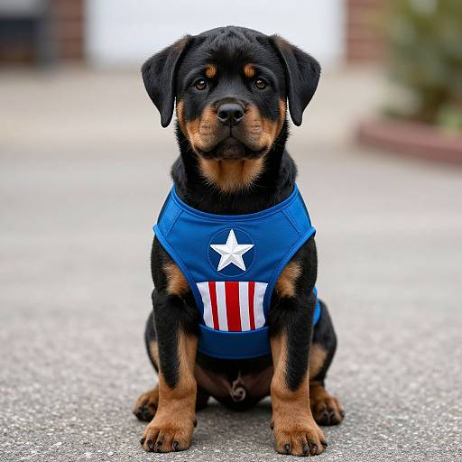 Photograph of a black and tan Rottweiler puppy wearing a blue vest with a white star and red-white-striped pattern, sitting on a paved