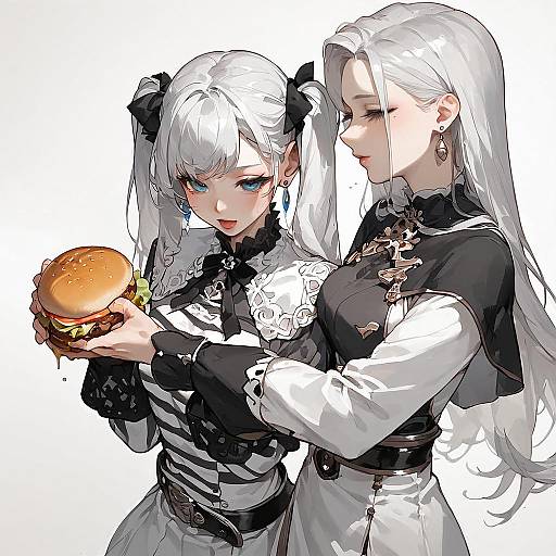 Anime Girls with White Hair Holding Burger