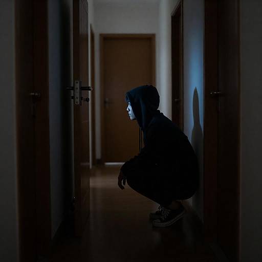 Cinematic Hooded Figure in Shadowed Hallway