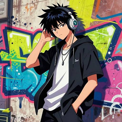 Anime-style digital drawing of a black-haired, brown-eyed teenage boy wearing headphones, a black hoodie, and white shirt, standing against a colorful graffiti wall