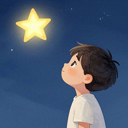 Digital drawing of a young boy with short black hair, white shirt, gazing at a glowing yellow star in a deep blue night sky.
