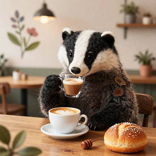 Felted Badger Drinking Coffee at Cozy Cafe