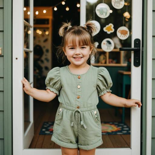 Smiling Toddler Girl in Sage Green Romper