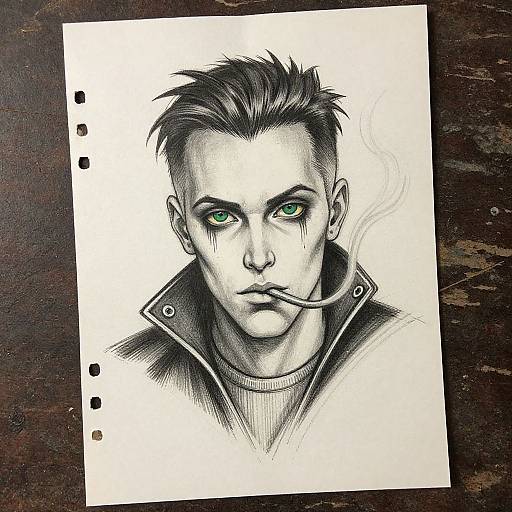 Monochrome ink drawing of a stern, green-eyed, spiky-haired man with a cigarette in his mouth, wearing a high-collared jacket,