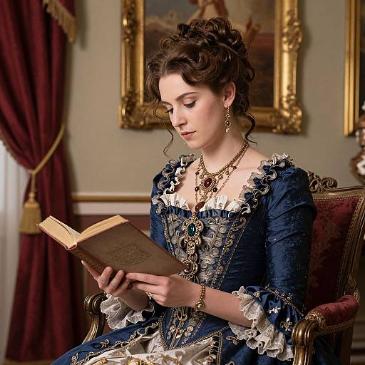 Photograph of a Victorian woman with curly brown hair, wearing an ornate blue dress with white lace, reading a book in an elegant, gold-fr