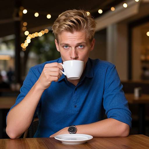 Young Man at Outdoor Café Night