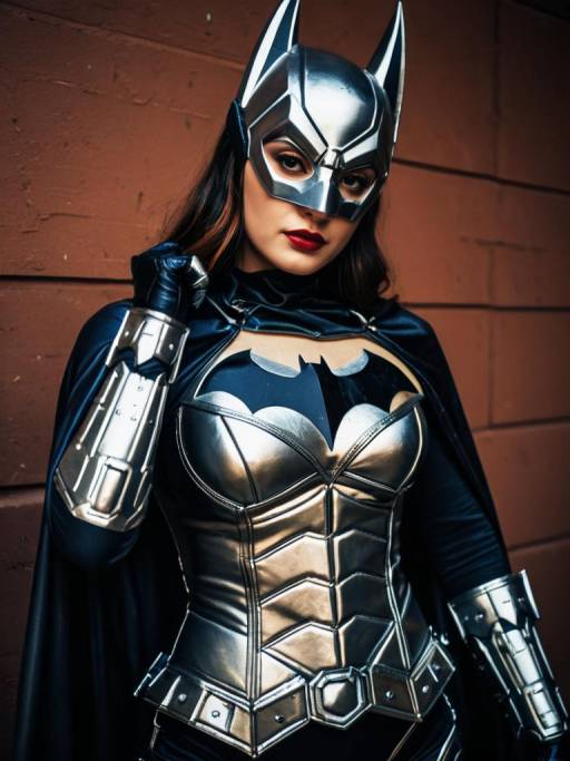 Woman in Metallic Batwoman Cosplay Costume