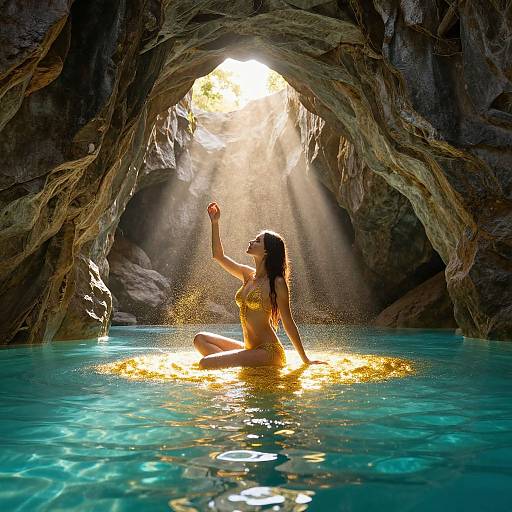 Photograph of a woman in a yellow bikini sitting in a turquoise cave pool, raising her arm as sunlight beams through the rocky arch above.