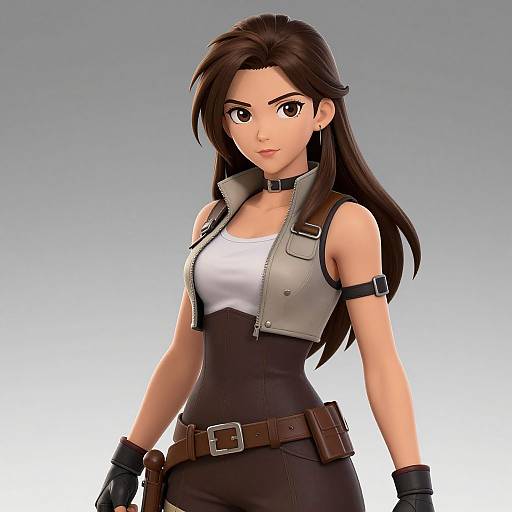 Digital 3D anime-style drawing of a confident woman with long brown hair, wearing a white tank top, gray sleeveless vest, black corset