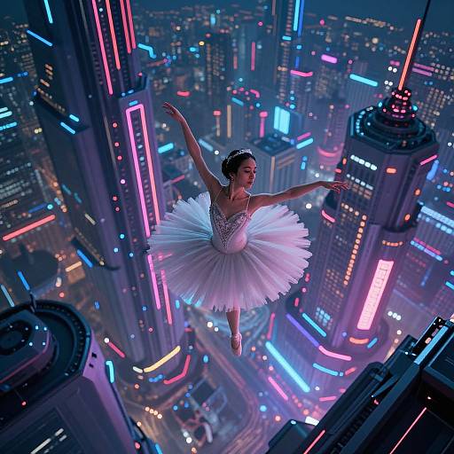 Digital artwork of a ballerina in a white tutu, floating mid-air above a neon-lit, futuristic cityscape with colorful skyscrapers