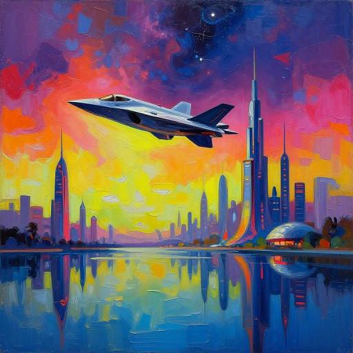 Neon Abstract Stealth Fighter Over City