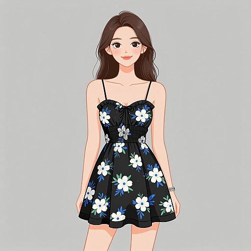 Digital drawing of a young woman with long brown hair, wearing a black floral dress with white and blue flowers, standing against a light blue background.
