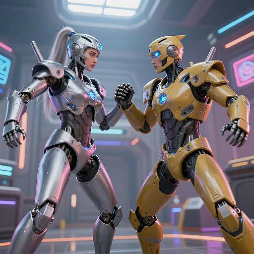CGI image of two futuristic female robots, one silver with long hair, one yellow, in a neon-lit sci-fi hallway, facing each other