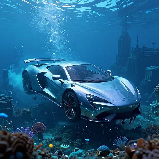 Photograph of a sleek, silver Lamborghini underwater, surrounded by colorful coral and bubbles, with cityscape silhouettes in the background.