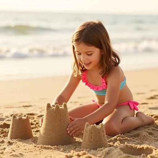Photograph of a smiling young girl with light brown hair, wearing a pink and blue bikini, building sandcastles on a sunny beach.
