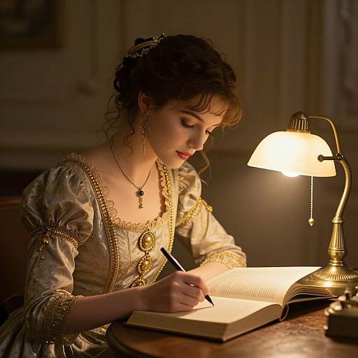 Vintage photograph of a young woman with curly brown hair, wearing an ornate gold dress, writing in an open book by a warm-lit brass