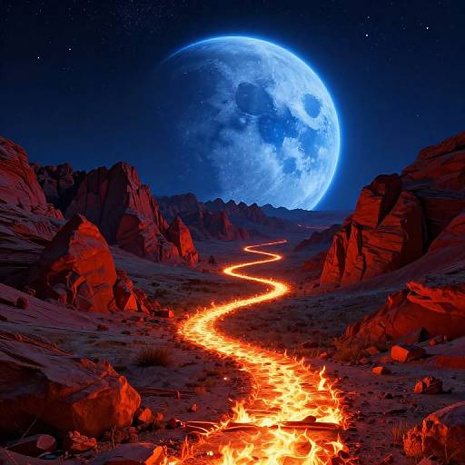 Photorealistic digital artwork of a glowing red lava river winding through a rocky desert under a vivid, blue full moon in a starry night sky.