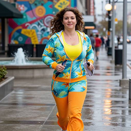 Photograph of a smiling, curly-haired woman with medium build, wearing a vibrant blue and orange tropical-patterned tracksuit, jogging on a wet,