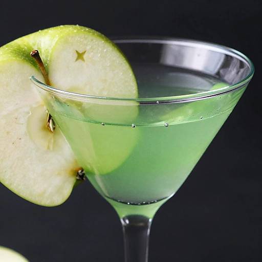 Photograph of a martini glass filled with a translucent green cocktail, garnished with a fresh apple slice, against a black background.