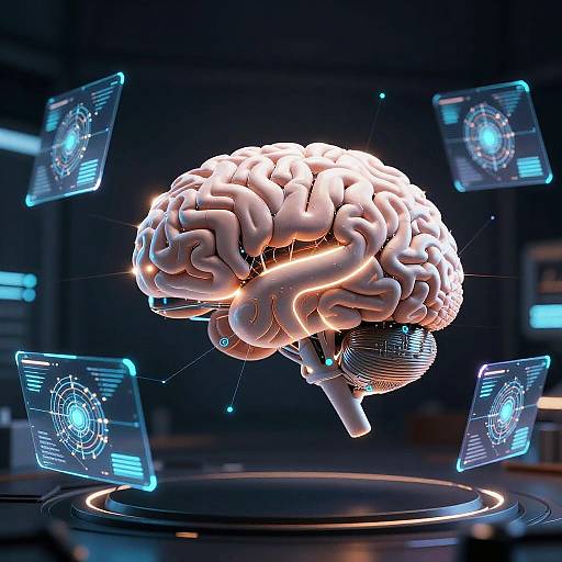 CGI image of a glowing, white, futuristic brain floating in a dark, high-tech lab with four holographic screens displaying blue circuitry.